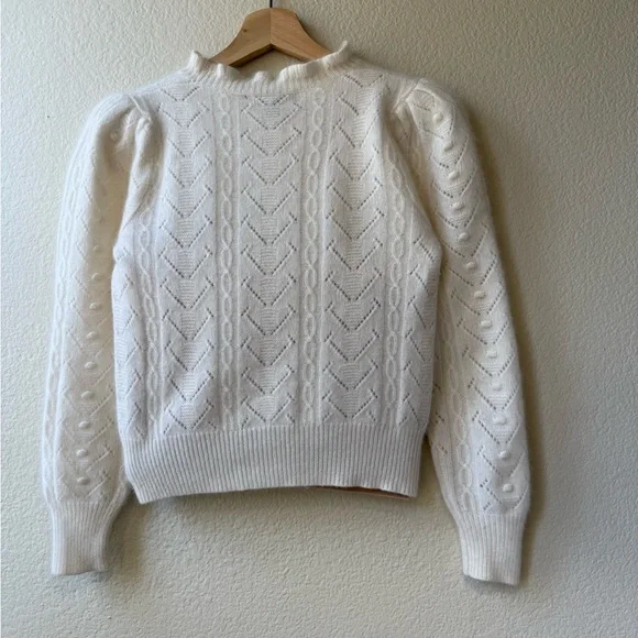 AQUA 100% Cashmere White Cropped Sweater Puff Sleeve Pointelle Knit XS - Picture 8 of 13